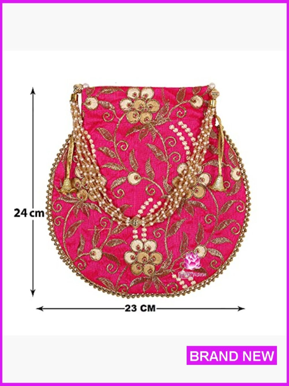 Ethnic Potli Bag Pearl Handle Floral Clutch Drawstring Closure Wristlet - Picture 6 of 7